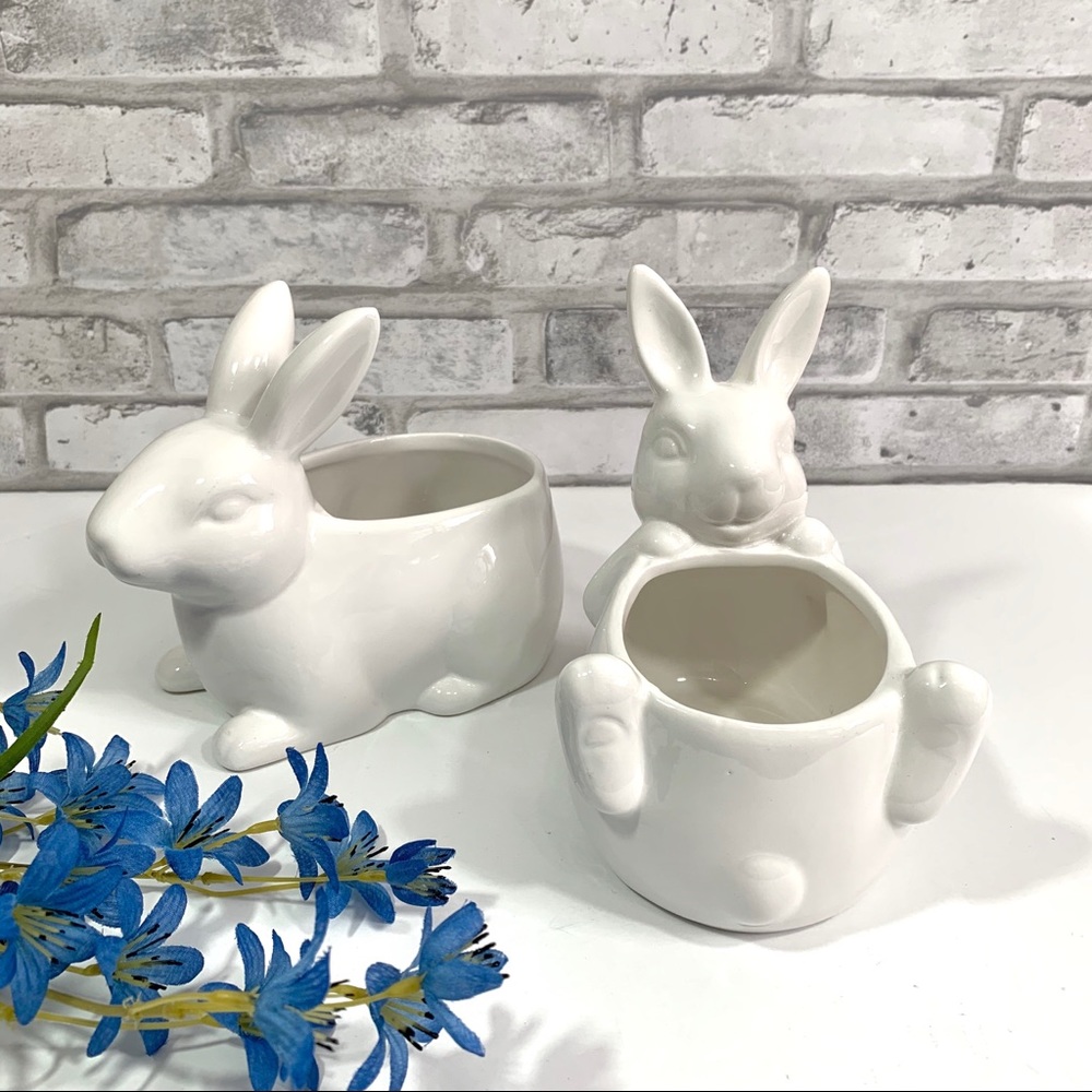 Set of 2 White Ceramic Bunny Dish Candy Bowl
